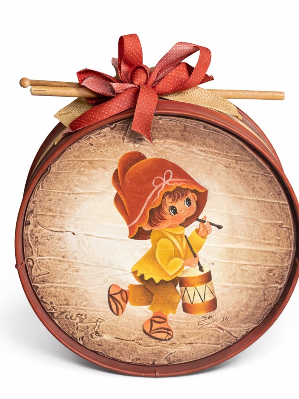 Vintage Drum Wall Hanging Decor Boy Drummer Folk Art Rustic  Round Wooden Sticks